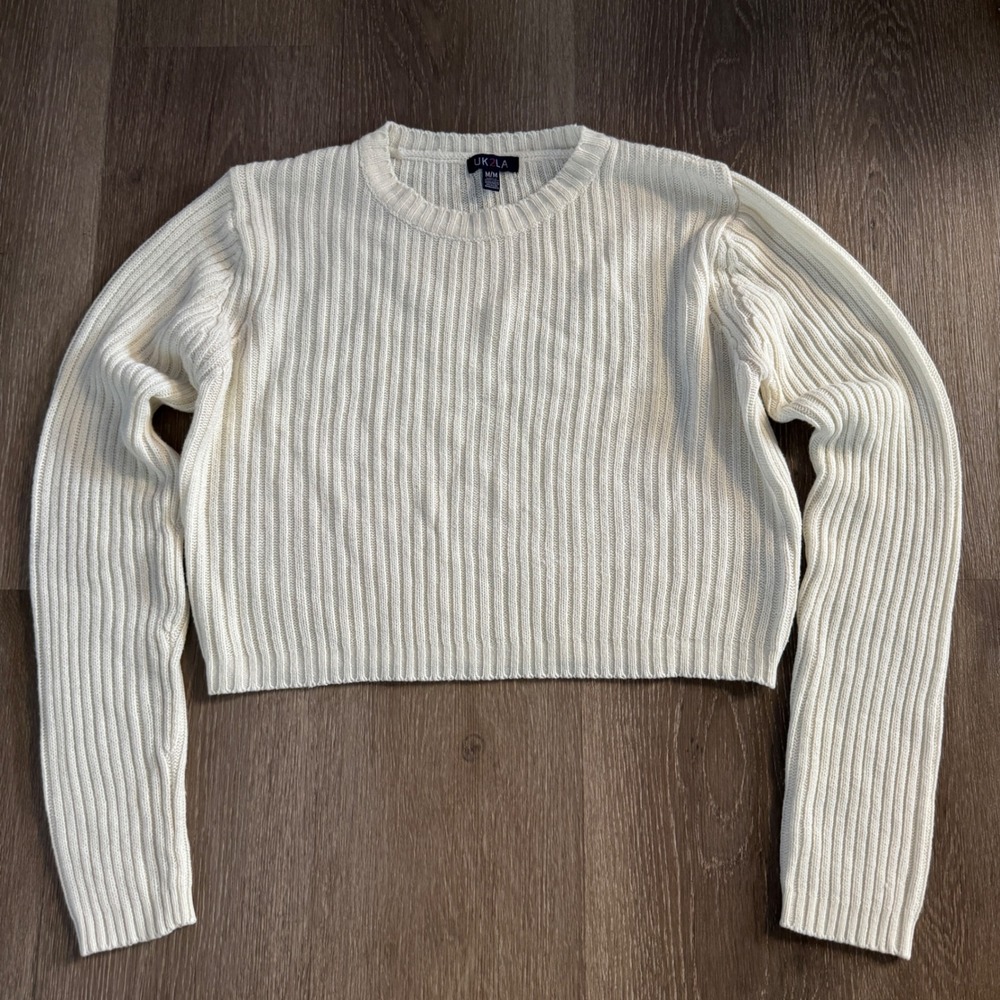 UK2LA Cropped Sweater Women Medium Cream White Ribbed Knit Crew Neck W505-G01